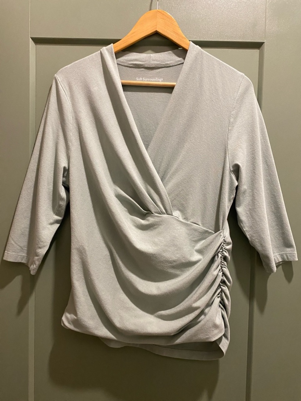 Soft Surroundings Sage Green Wrap-Style Blouse with Side Ruching